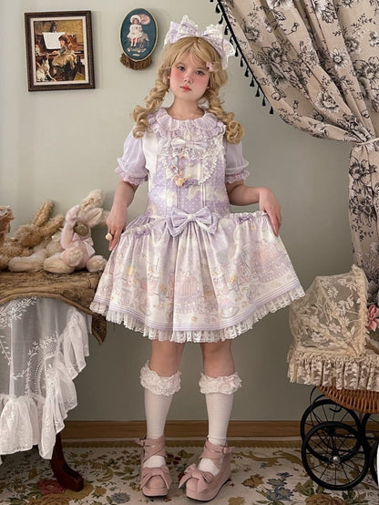 Süßes Lolita-Overallkleid mit abnehmbarer Kapuze und Einhorn und Dessert, Lila