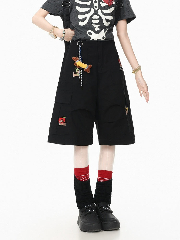 Black Cropped Cargo Shorts with Puppy Embroidery - Languid Park