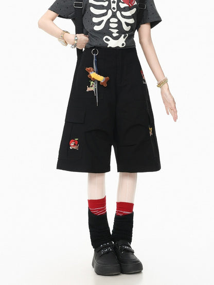 Black Cropped Cargo Shorts with Puppy Embroidery - Languid Park