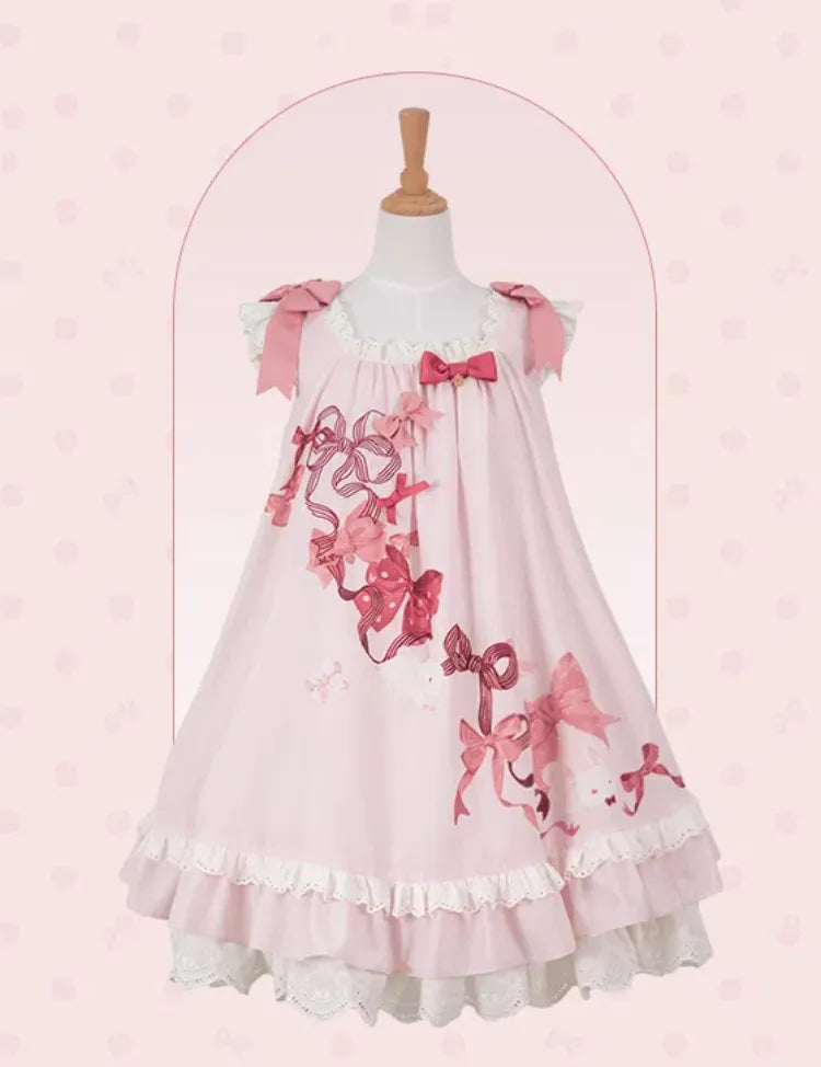 Kleid mit Schleife, Ösen, gewelltem, süßem rosa Besatz und Lolita-Häschen