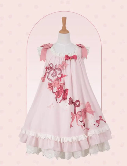 Kleid mit Schleife, Ösen, gewelltem, süßem rosa Besatz und Lolita-Häschen