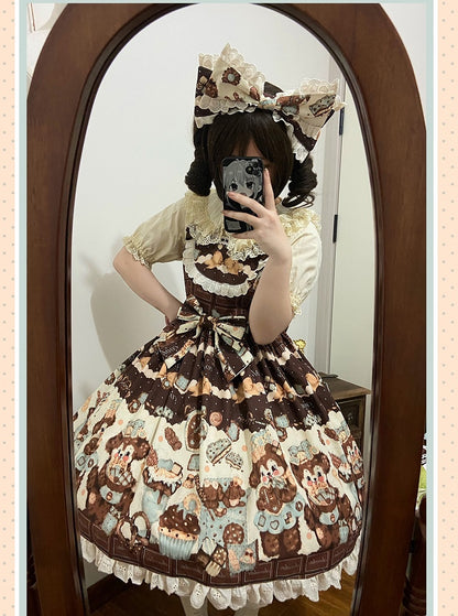 Brown Puppy Print Waist Lolita Fluffy and Cute Cookies High Jumper Sweet Skirt