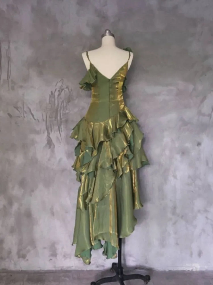 Green Asymmetrical Layered Flounce Spaghetti Strap Prom Dress Evening Gown