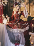 Rotes Kerzenkleid, Kerzenständer-Stickerei, Samtglocke und Ärmel