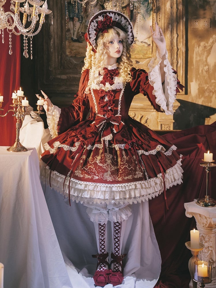 Rotes Kerzenkleid, Kerzenständer-Stickerei, Samtglocke und Ärmel