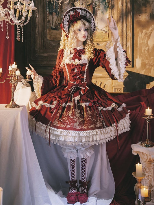 Rotes Kerzenkleid, Kerzenständer-Stickerei, Samtglocke und Ärmel