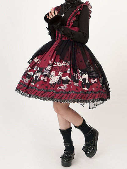 High Kitty Detachable Lolita Straps Cake with Skirt Ruffle Print Red Waist and