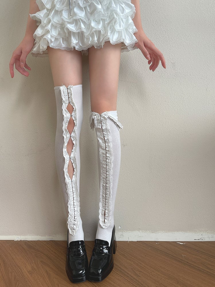 Stockings Ruffle Overknee White/Black Trim