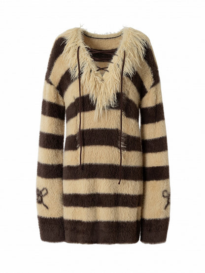 Sweater Vintage Faux Lacing Distressed Collar with Long Striped Yellow Crisscross Brown Punk Mink