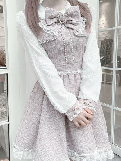 Pink Beadwork Detailed Tweed Dusty Jirai - Kei Dress