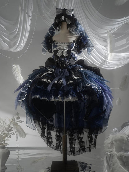 Dark Blue Swan Feather Accented Lolita JSK Dress Set - Felinae Cookie
