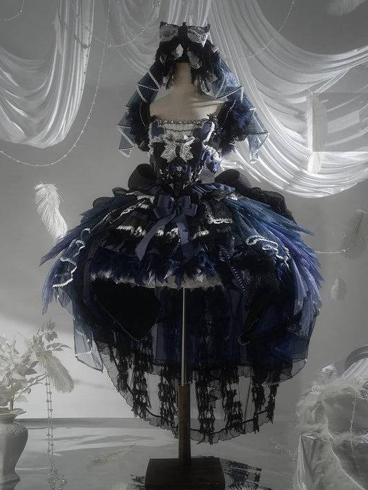 Robe JSK Lolita ornée de plumes de cygne bleu foncé - Felinae Cookie