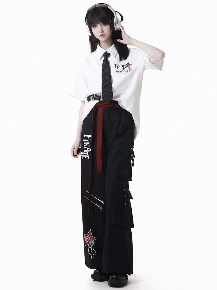 ストレートレッグカーゴブラックダブルジッパードローストリングカフスパンツ