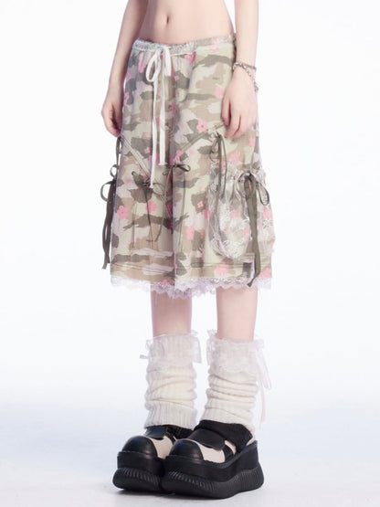 詳細 カモフラージュ柄 ドローストリングウエスト 蝶結び レーストリム ワイドレッグ