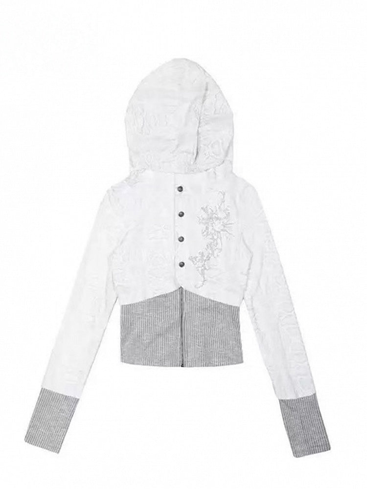 Fake Hooded Gray Design Striped Two-Piece Top Y2K