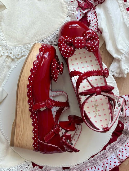 Lolita Leather Red Polka-dot PU Wedge Pattern Mary Janes Polished - Sweet