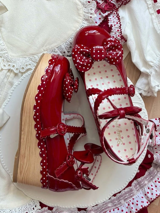 Lolita Leather Red Polka-dot PU Wedge Pattern Mary Janes Polished - Sweet