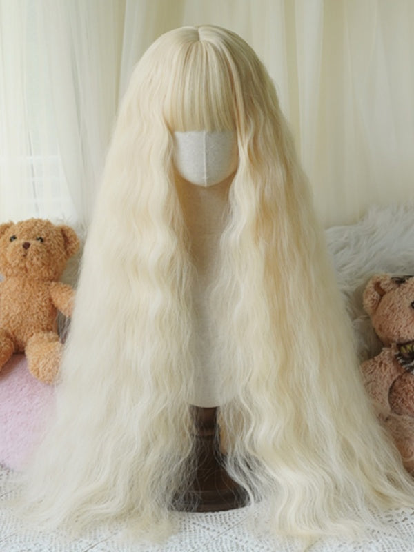 Schwarz/Blond/Hellblond/Pink, hüftlange, gewellte Perücke mit vollem Pony