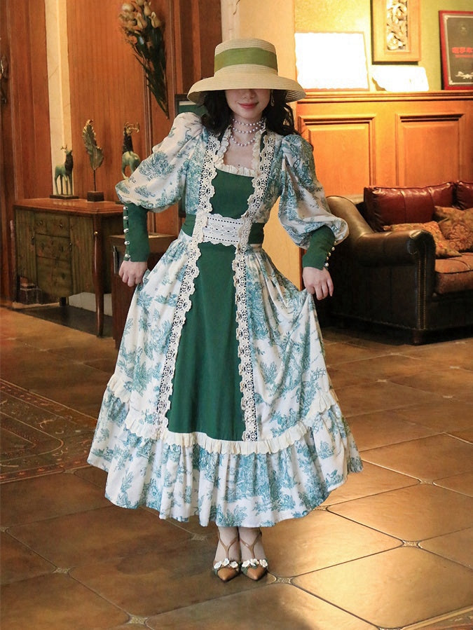 ダークグリーンのヴィンテージフローラルレーストリムスクエアネックラインレッグオブマトンスリーブドレス