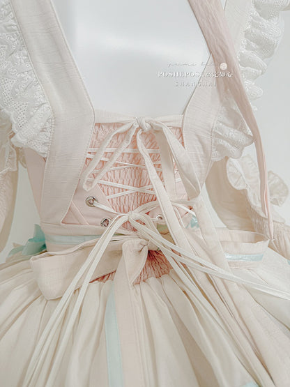 ピンクとミントグリーンのスイートメイドエプロン＋バスクウエストティアードフリルヘムストラップレスパフィードレス