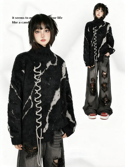 Vintage Dark Aesthetic Turtle Neck Sweater with Lace-Up Design