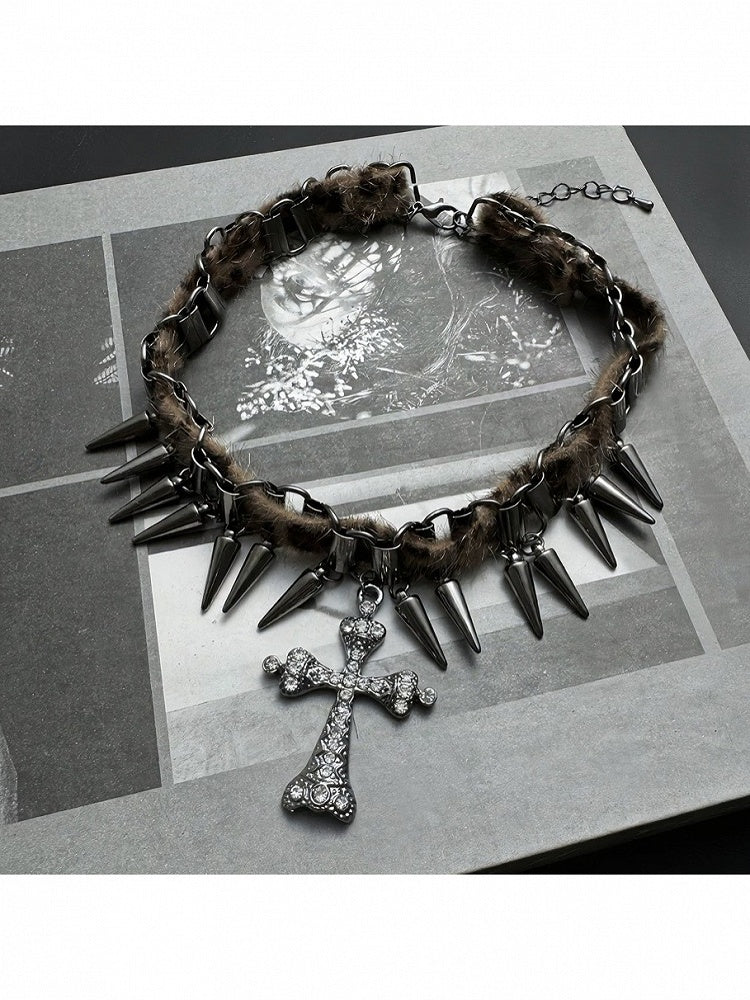 Leopard Print Punk Choker with Spikes & Cross - YSHXS