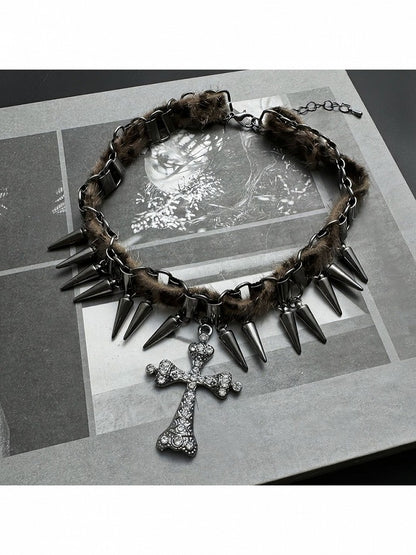 Leopard Print Punk Choker with Spikes & Cross - YSHXS