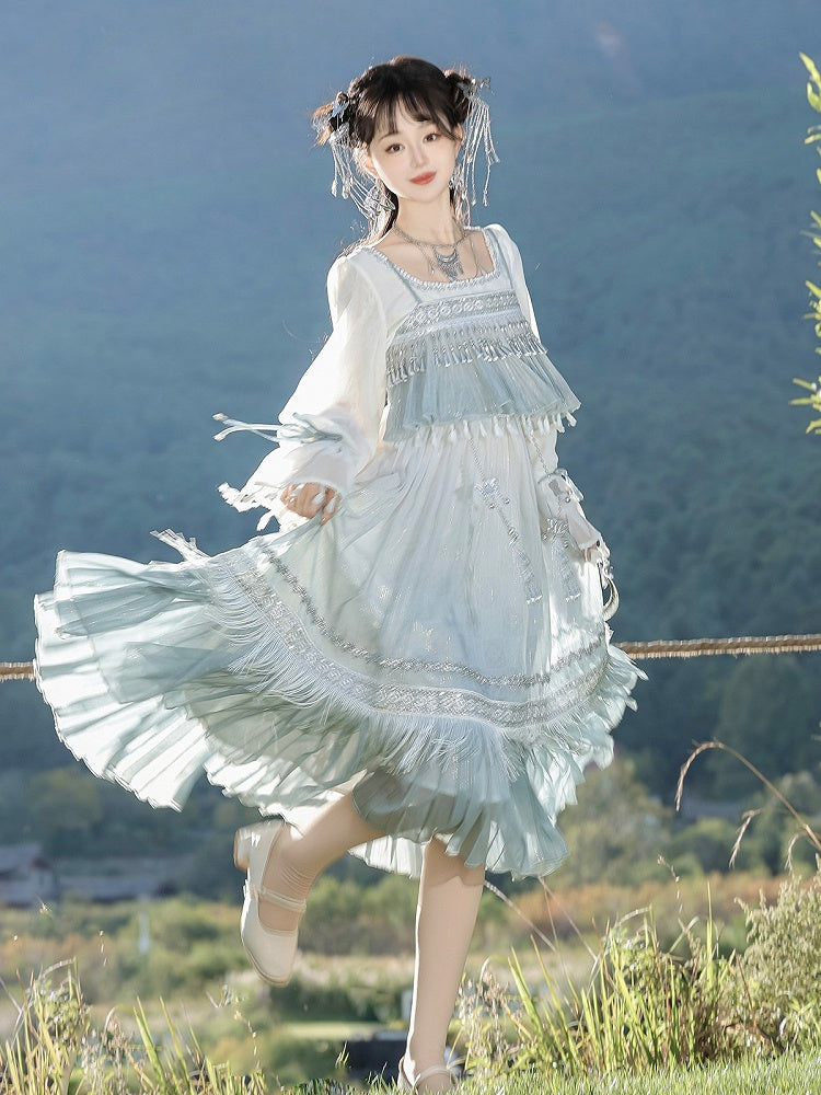 Square Neck Long Sleeve Han-Element Top in Light Blue with Tassel Dress Combo - Han Ru Chu Hanfu & Han-Element Studi