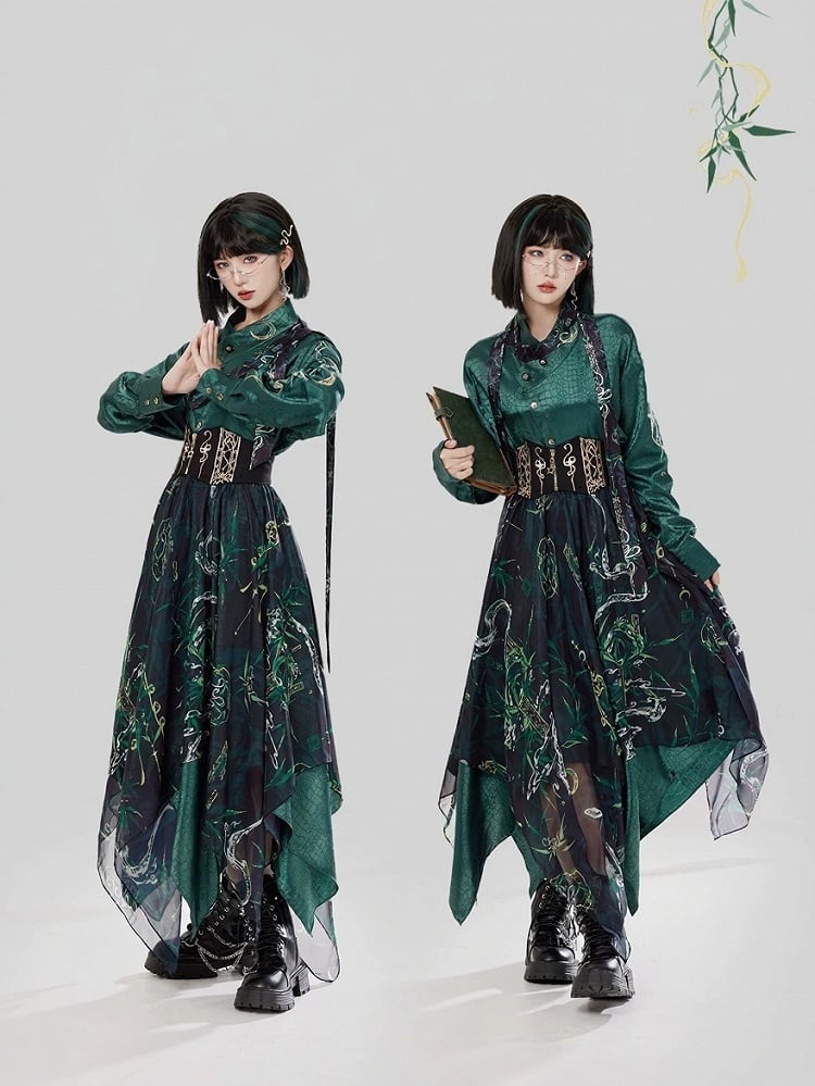 Snake Asymmetrical Black with A-line Skirt Print Green
