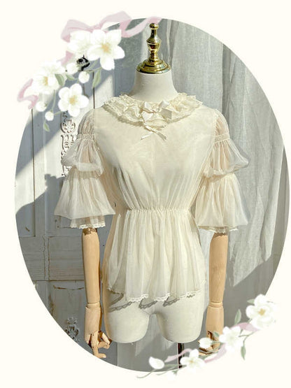 ベージュのセミシースルーレッグオブマトンスリーブブラウス