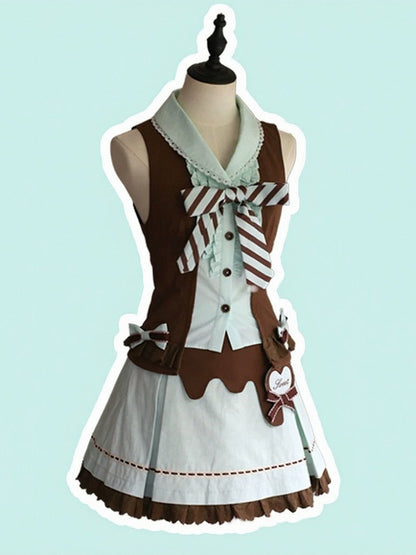 Mint & Cocoa Two-Piece Bow Sleeveless Top Ensemble with Ruffled Lace Skirt - Sweet Dream
