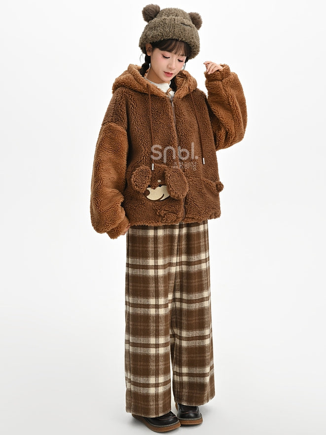 Brauner Fleece-Kapuzenpullover mit süßem Welpen-Taschendesign