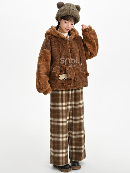 Brauner Fleece-Kapuzenpullover mit süßem Welpen-Taschendesign