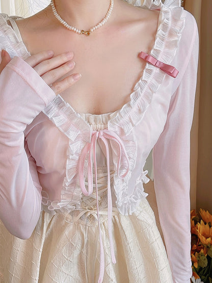 Strickjacke mit rosa Schleife zum Selbstbinden, Strick-Kurzträger, Spitzenbesatz