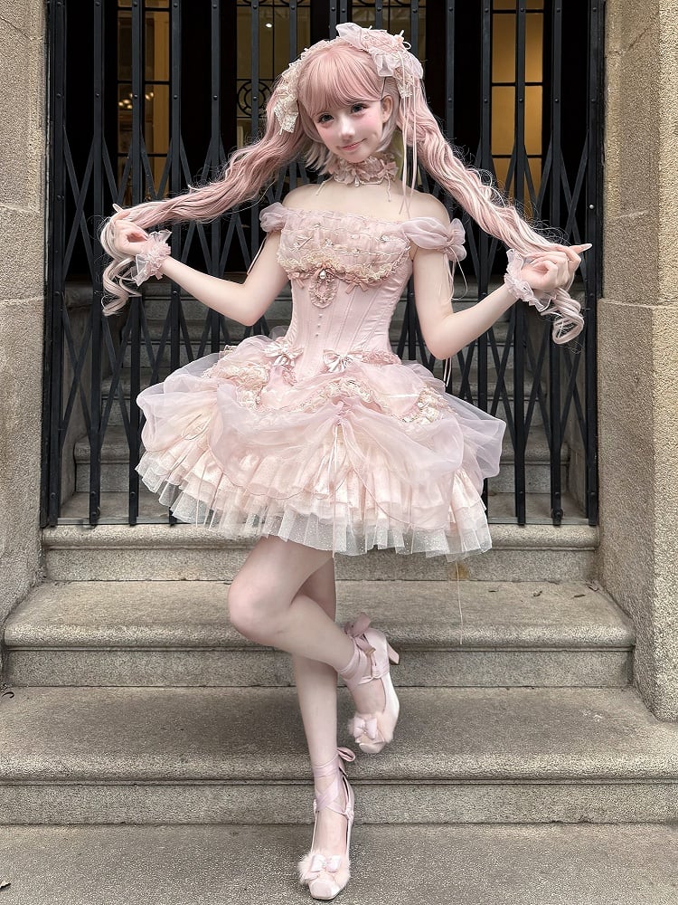 Ärmel Lagen-Outfit Top Korsett Balletcore Rüschen Rosa Stäbchen Puff Prinzessin Lolita + Rock BE006