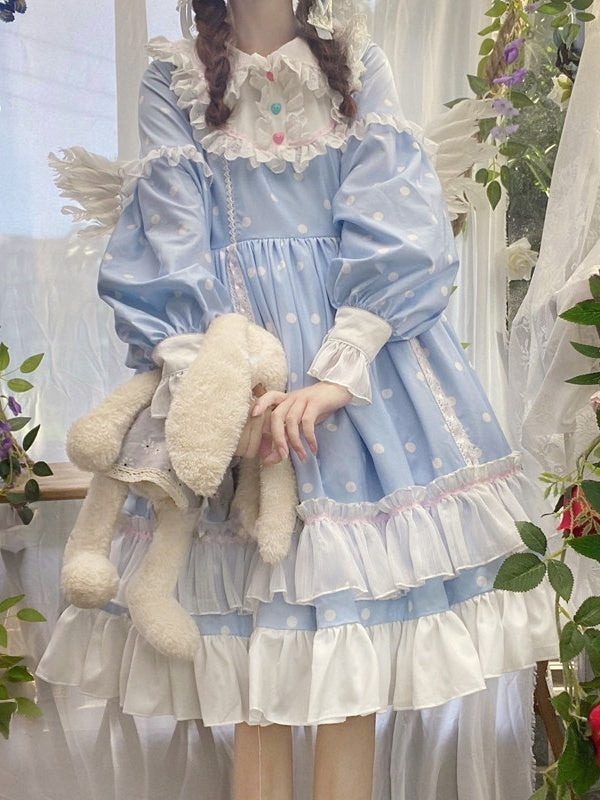Lolita Long Sleeve Ruffle OP Blue Fresh Dot Dress Details with Polka