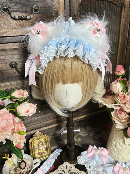 Green Fur Hairband Blue Kitty Ears / Faux Pink