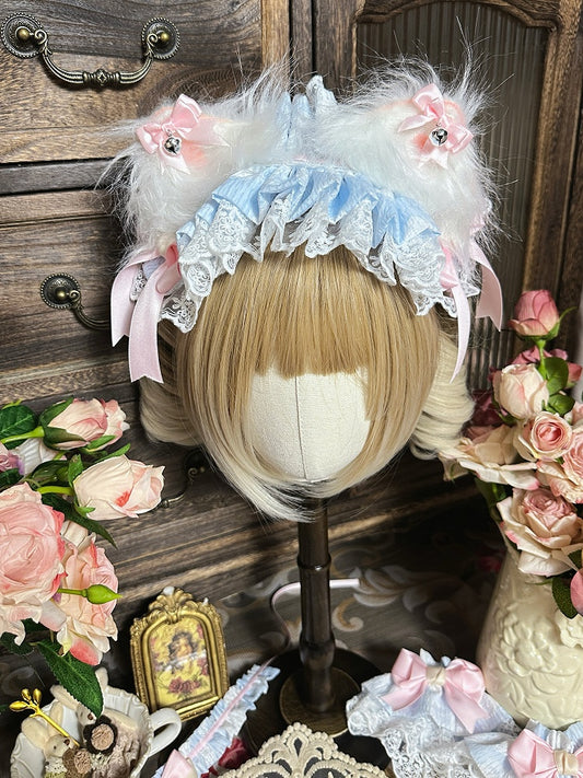 Green Fur Hairband Blue Kitty Ears / Faux Pink