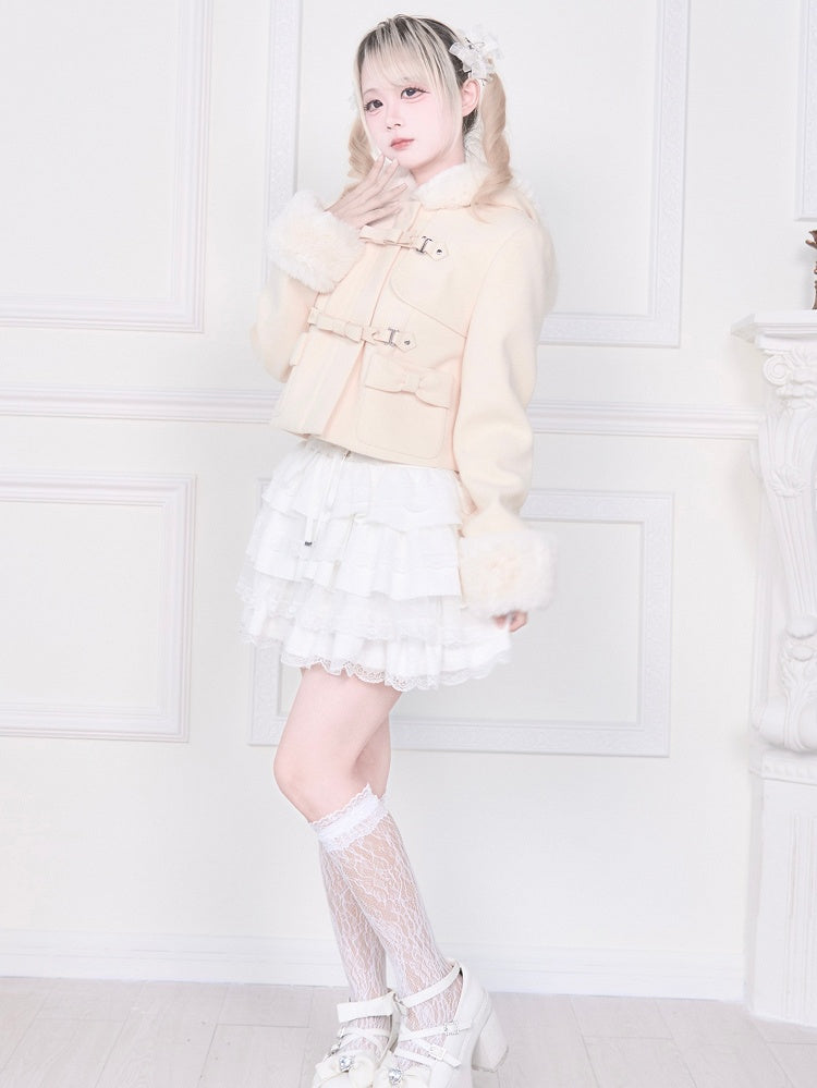 Bow Coat Plush Kei Short Jirai Apricot Trim with Hooded Pockets and