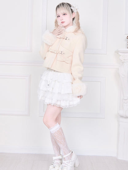 Bow Coat Plush Kei Short Jirai Apricot Trim with Hooded Pockets and