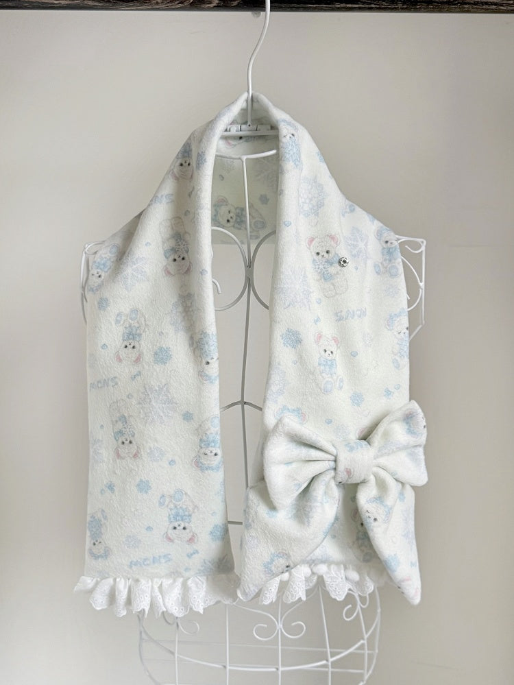 White / Black / Blue Bear and Snowflake Pattern Scarf