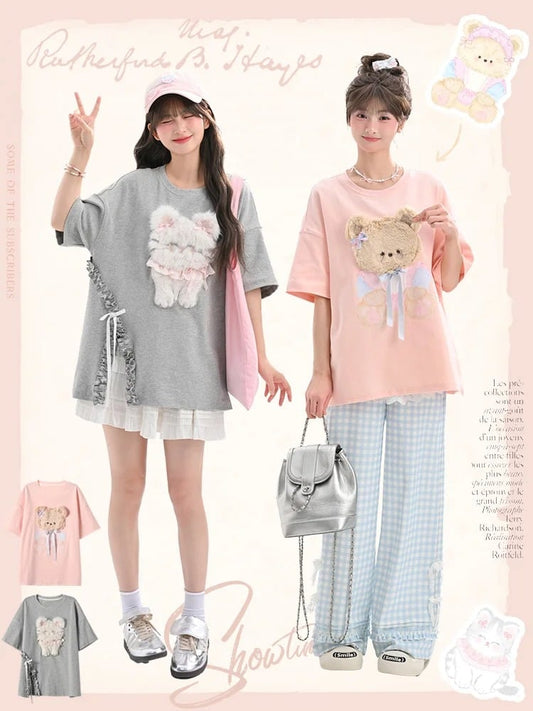 ピンク/グレー ラウンドネック ぬいぐるみ キティ/ベア Tシャツ