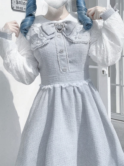 in Bow Blue: Kei Sleeves Elegant Jirai Beadwork Lace with Detachable Dress Long Tie Dusty Tweed