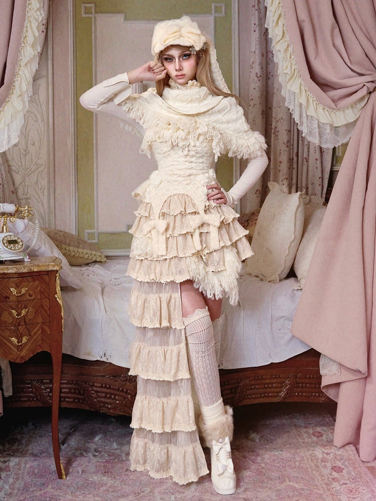 Cable Knit Shawl Cream White Fringe-Edged with Thick