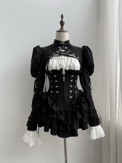 Lace-Up Boned Corset with Ruffle Details in Black - Moonveil Manuscript