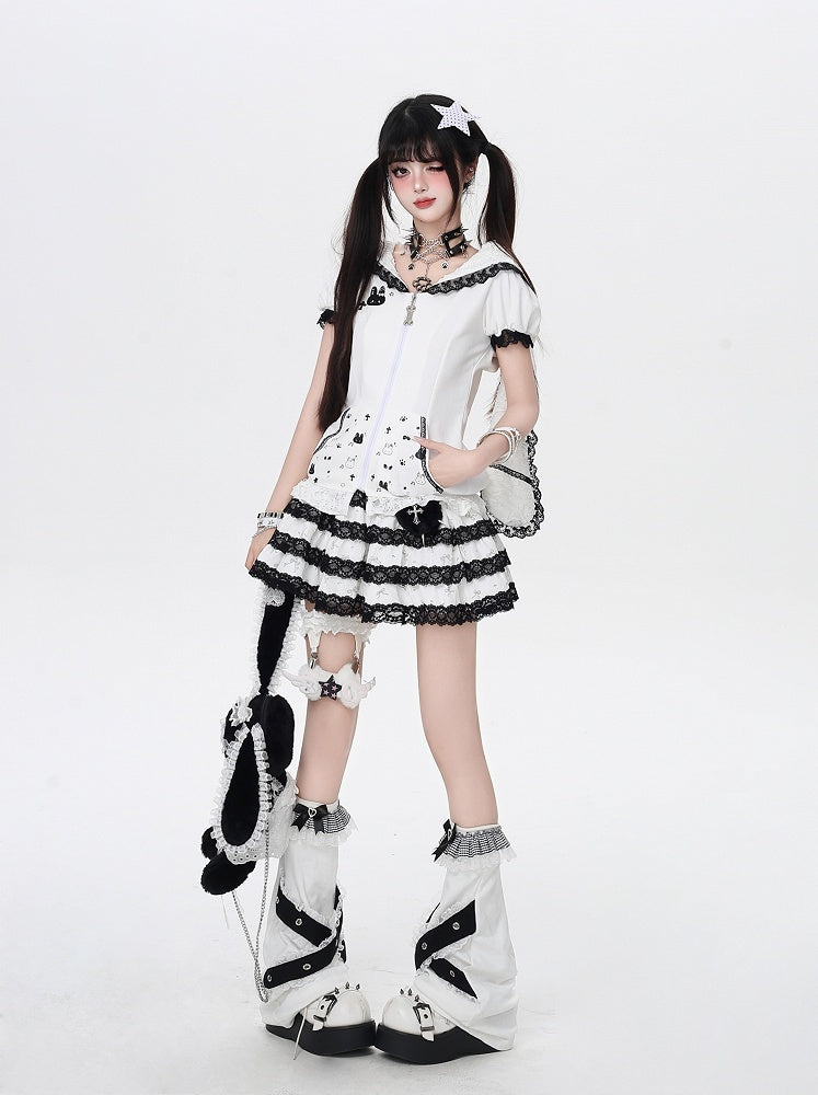 Jirai Trim Bunny Ears Design Hood Lace Kei Black/White