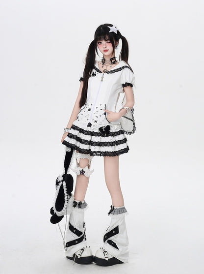 Jirai Trim Bunny Ears Design Hood Lace Kei Black/White