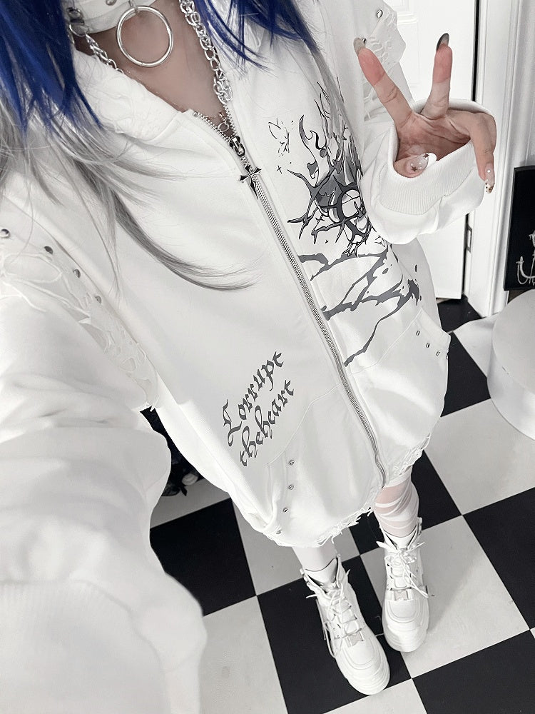 Jacketwith Ear Studded Cat White Zip-up Gray Hoodie HeartLetter Print