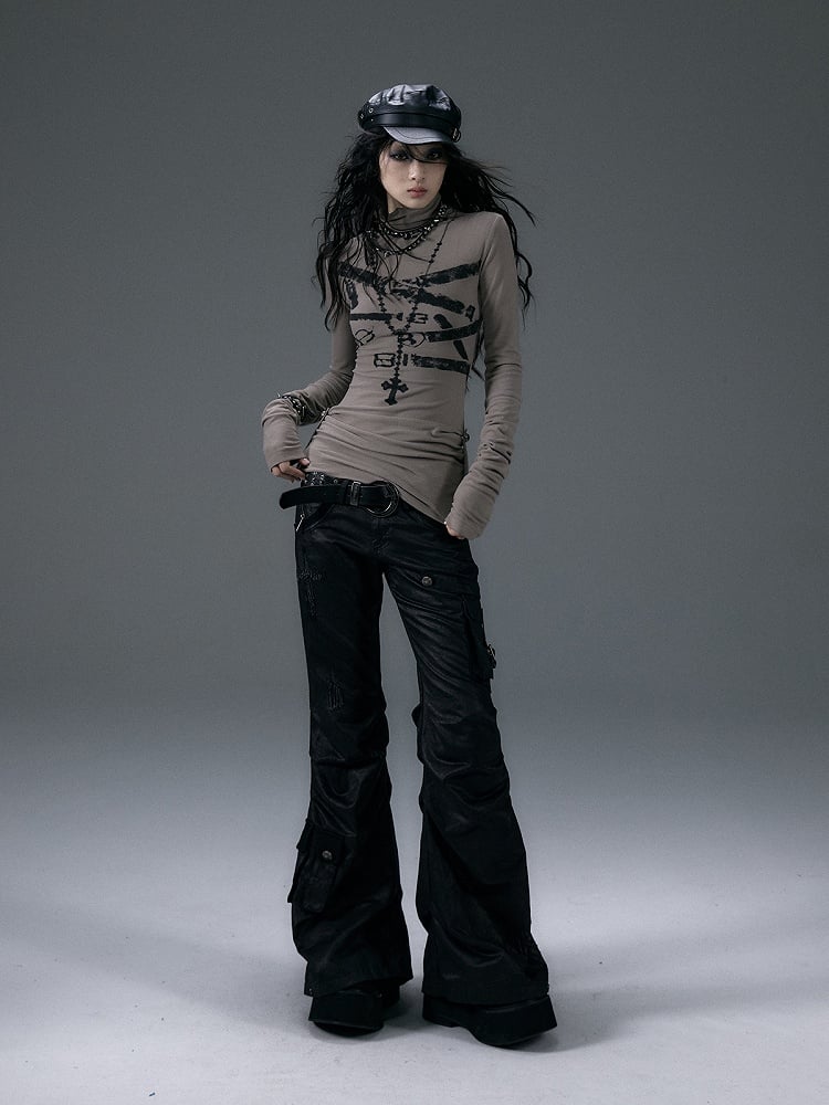 Black Low-Waist Slim-Fit Flared Cargo Pants