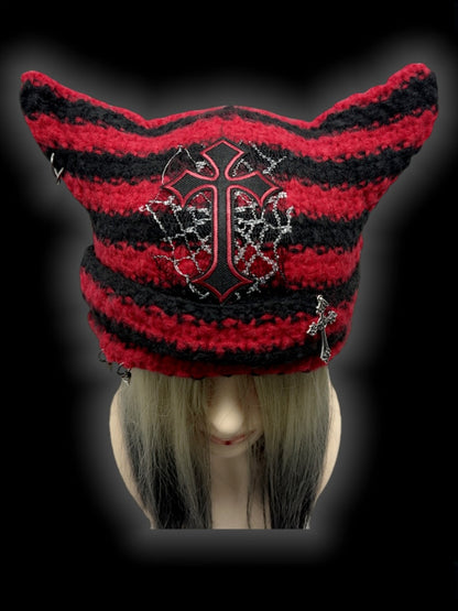 Red and Black Cross Applique Studs Punk Cat Ears Striped Beanie